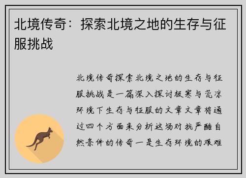 北境传奇：探索北境之地的生存与征服挑战