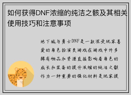 如何获得DNF浓缩的纯洁之骸及其相关使用技巧和注意事项