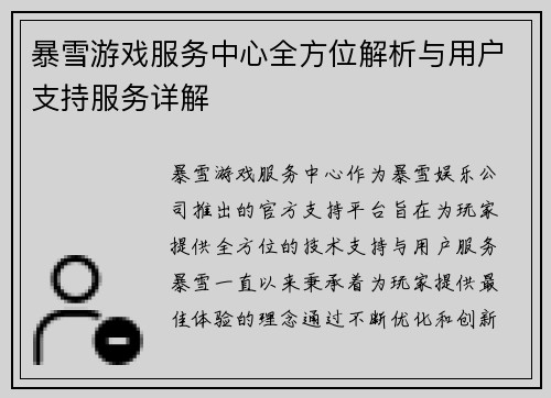 暴雪游戏服务中心全方位解析与用户支持服务详解